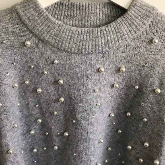 H&M Pearl Accent Wool Blend Gray Pullover Sweater Dressy Modern Preppy - Picture 4 of 11